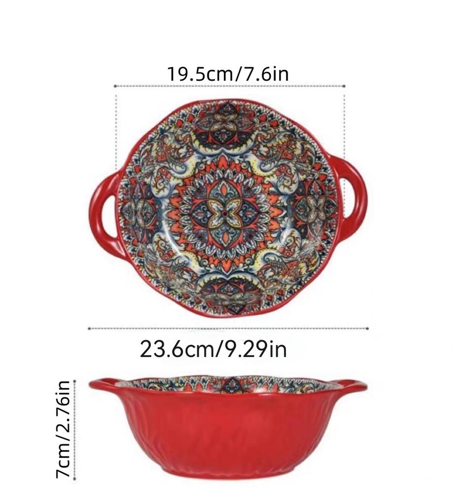Keramische Suppenschüssel im Bohème-Stil mit Griff Mikrowellengeeignet Geprägtes Design Ideal zum Servieren von Suppen Salaten Ramen-Nudeln