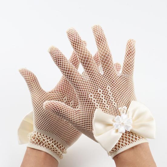 Lace Short Gloves for Little Girls 4-8 Years Tea Party Wedding Flower Gloves with Bow Kids Princess Dressing Gloves for First Communion Wedding Prom