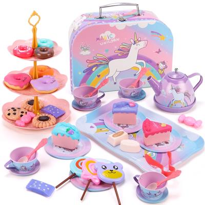 Qizebaby Baby Toys 48PCS Unicorn Afternoon Tea Toys Indoor Games Tea Tea Pot Tea Set Biscuit Cake Dessert Candy Dessert Stand Pretend Play Play
