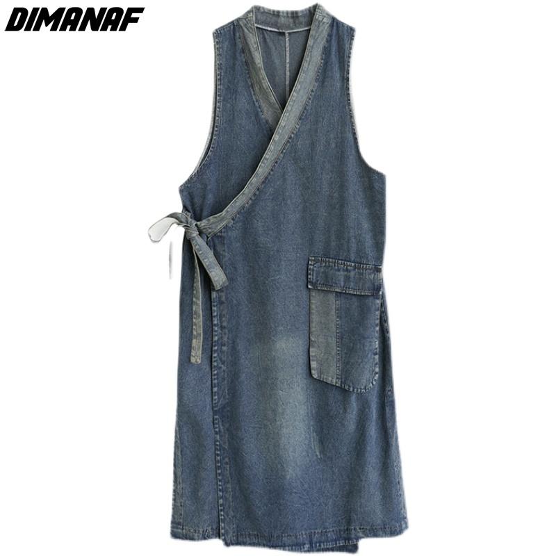 DIMANAF letná móda nadmernej veľkosti Ženy bez rukávov Elegantná dáma Dlhá vesta Šaty s opaskom Voľné oblečenie Modré džínsové šaty nadmernej veľkosti
