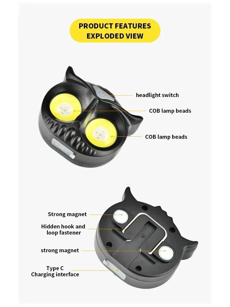 COB Owl Mini Headlamp Running Warning Headlight Portable Rotating Hunting Magnet LED Head Flashlight Camping Fishing Head Lamp