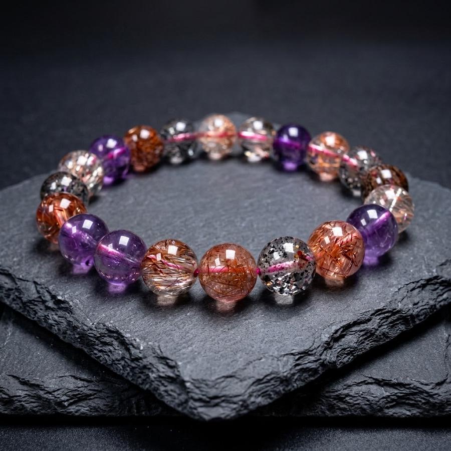 Multicolor Round Bead Bracelet, Purple and Copper-Tone Patterned Beads, Boho Layering Jewelry Gift for Women