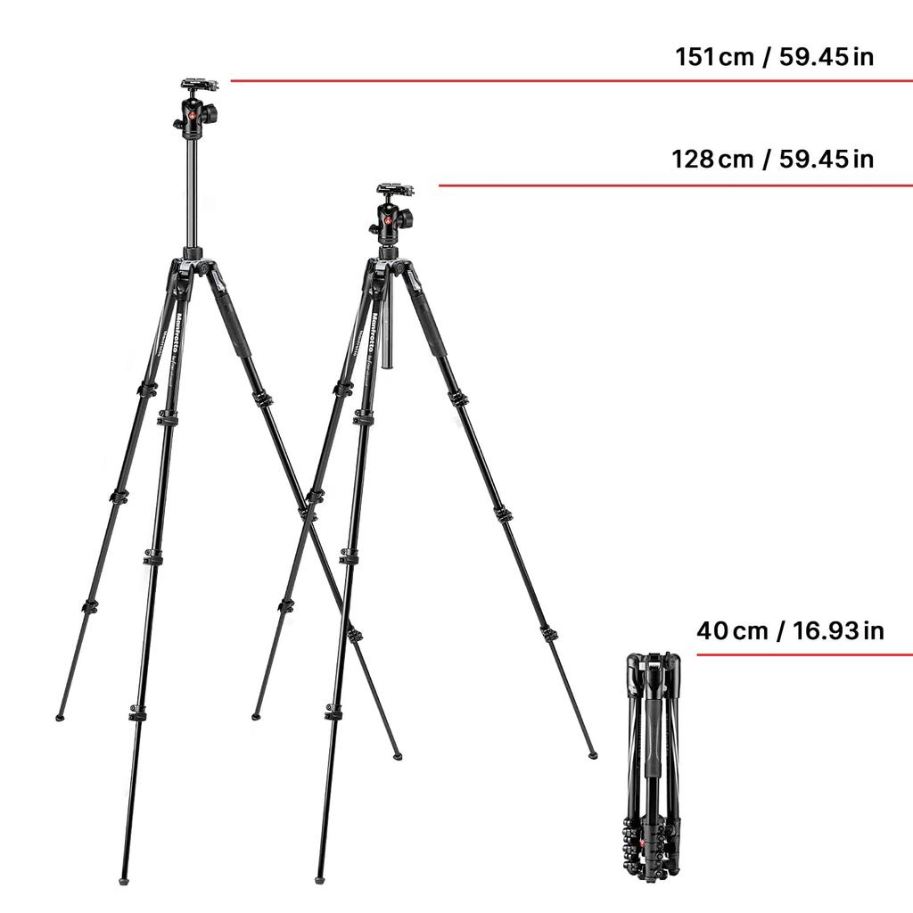 Vitec Manfrotto Befree Advanced Aluminum Black L Tripod Kit 8kg Load 151cm Full 40cm Folded Head 4-Section MKBFRLA4BK-BH, Capacity, Height, Length,