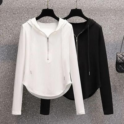 T-shirt con cappuccio e coulisse, da donna, a maniche lunghe, primaverile e autunnale, slim, dimagrante, design versatile, top da sotto