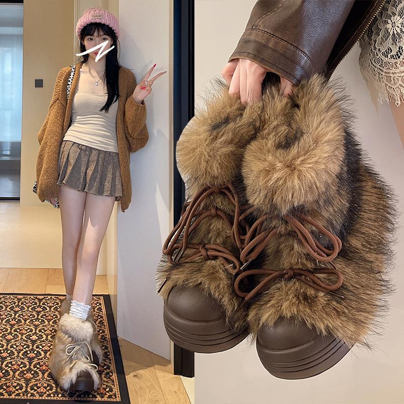 French thick-soled heightening snow boots women's autumn and winter new plush warm medium boots retro fluffy boots Martin boots