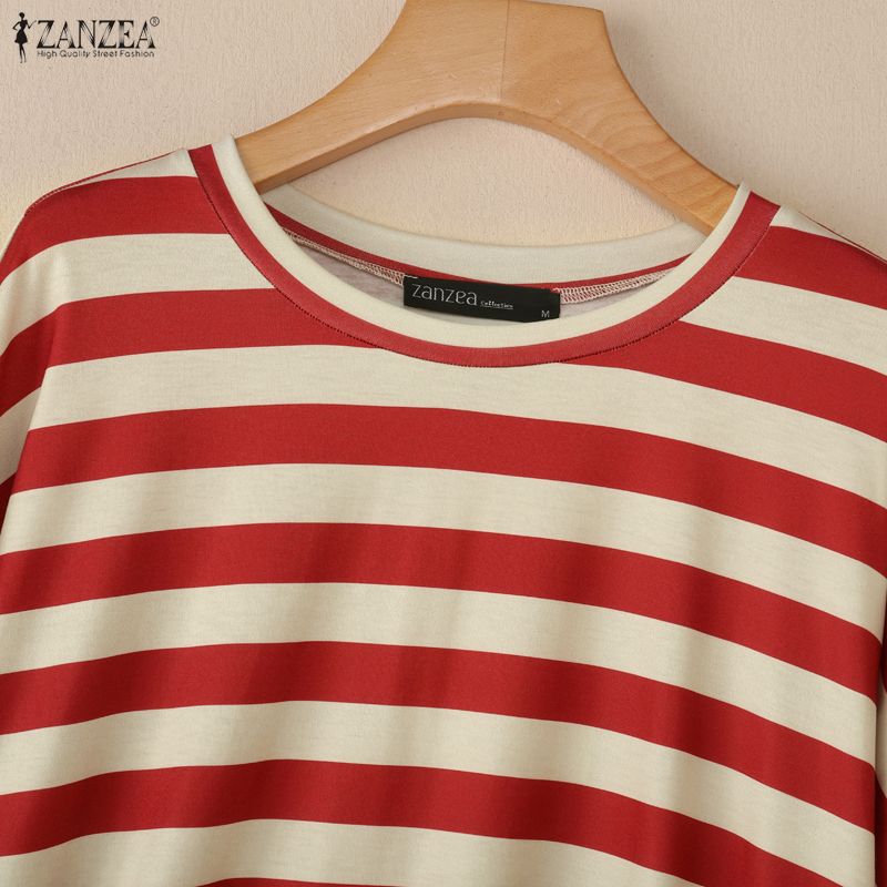 ZANZEA Women Stripe Print Loose Casual Round Neck Long Sleeve T-Shirts