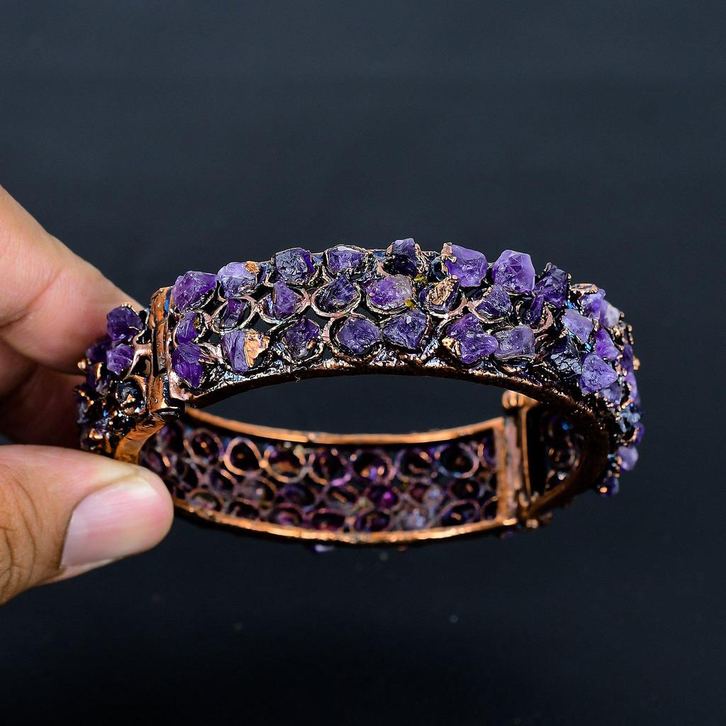 Amethyst Cuff Bracelet Real Gemstone Bangle, Copper Electroformed Bracelet Handmade Jewelry, Adjustable Bangle For Gift Women Jewelry