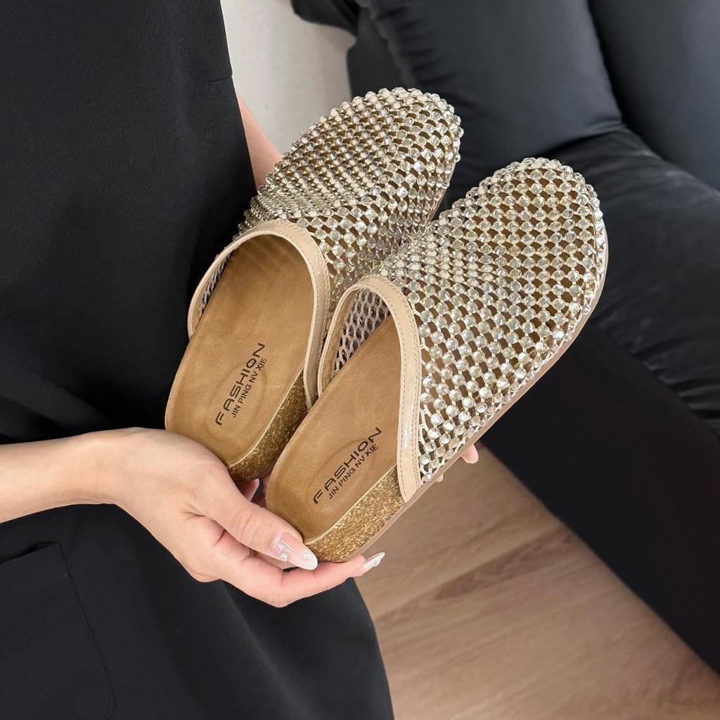 2025 summer rhinestones full diamonds fishing net baotou big head baotou half slippers sandals toboken shoes flat women's shoes