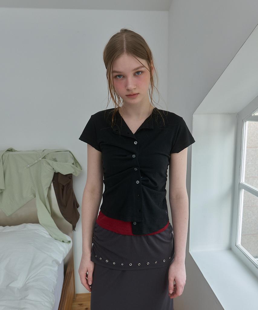 Pisis Side Shirred Long Skirt_Charcoal