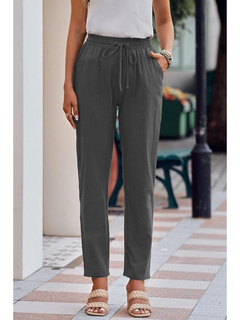 Herbst Damen Baumwoll-Leinen Kordelzug Weitbein Hose