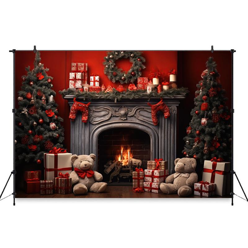 Mocsicka Christmas Photography Background Xmas Tree Fireplace Wall Decors Family Baby Children Portrait Photo Backdrop Wallpaper