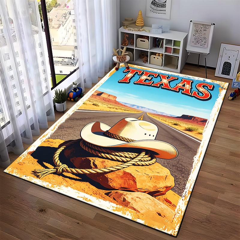"Texas Cowboy Hat Scenic Desert Road Carpet with Rustic Design" Suitable for use as an anti-slip for living room bedroom sofas