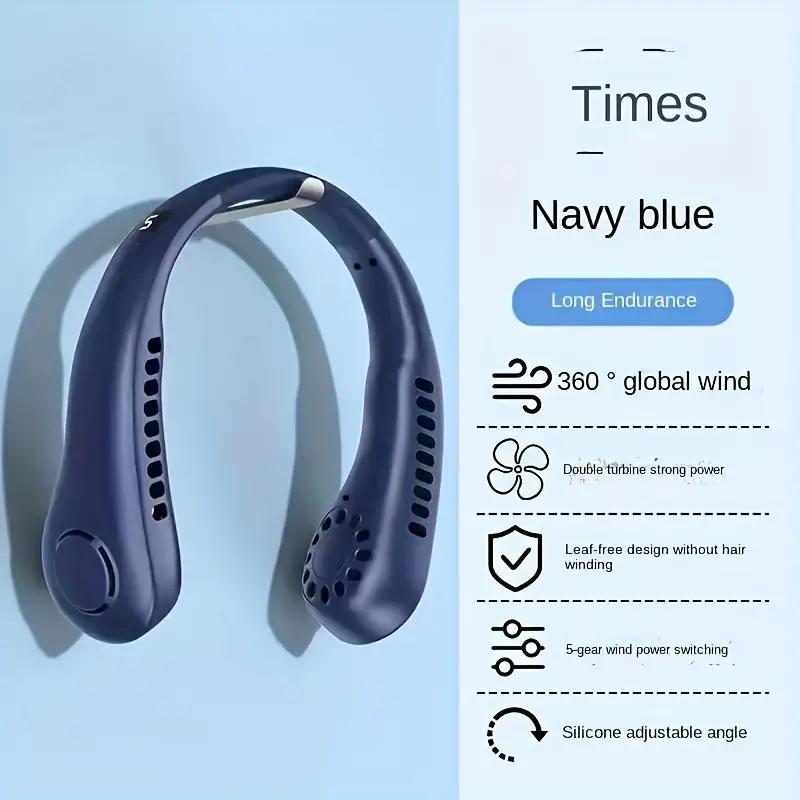 

1 шт., модный USB-вентилятор для зарядки, носимый шейный вентилятор, 3 скорости для выбора летнего уличного вентилятора синий