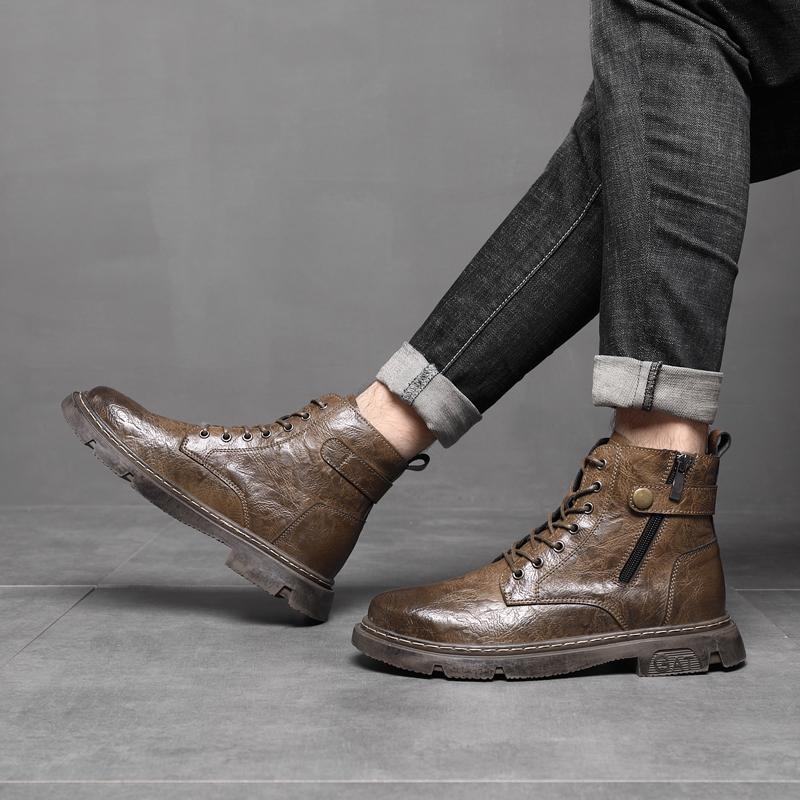 Fashion Leather Fashion Basic Boots Men Side Zipper Men's Shoes Outdoor Male Motorcycle Boots All-match Fashion Mens High Top Sneakers