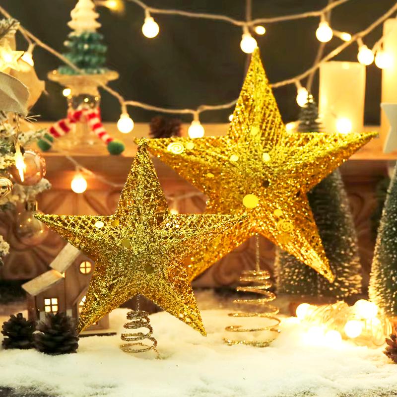 1Pc Metal Exquisite Gold Stamping Party Decoration Pentagram Decoration Christmas Christmas Tree Top Glitter Golden
