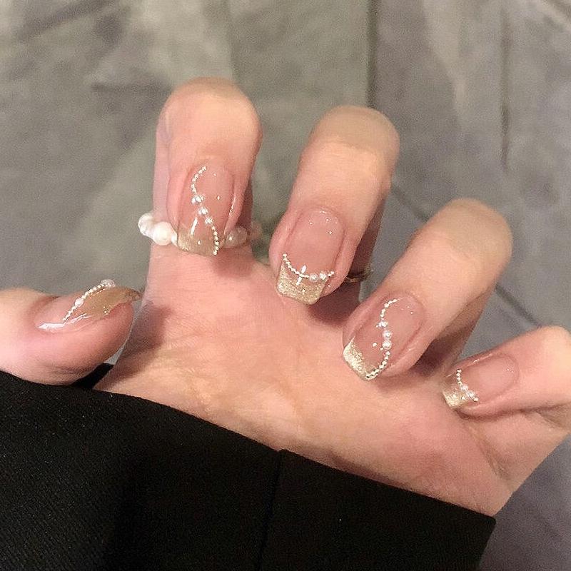 

Douyin Гламурный Глиттер Жемчужная Цепочка Французский Маникюр Накладные Ногти - Новогодний Спецвыпуск для Пикантных Девушек Handmade Nails XS Size #10 pieces/bag