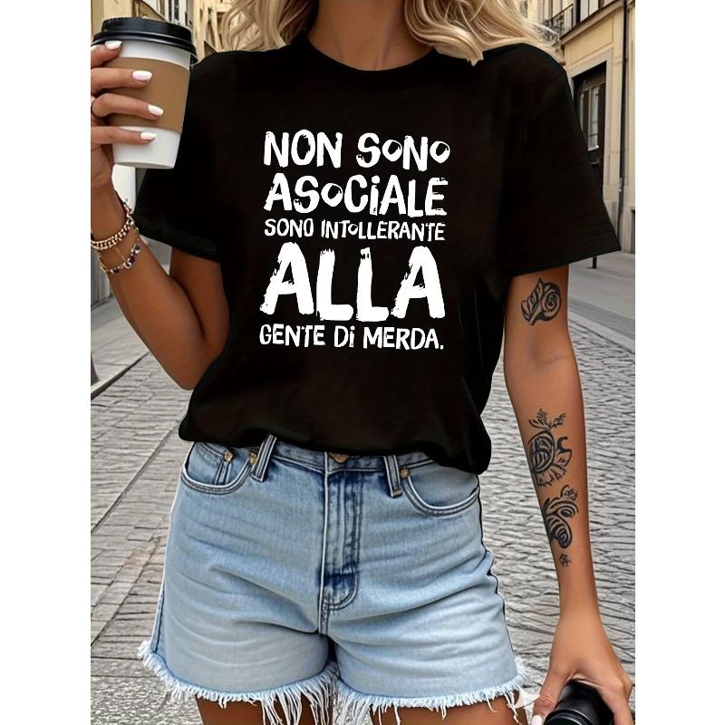 

Європейські розміри Attitude - Стиль Італійський Текст Надрукована Футболка, З Коротким Рукавом, Круглим Вирізом, Повсякденний Топ для Літа та Весни, Жіночий Одяг 4XL