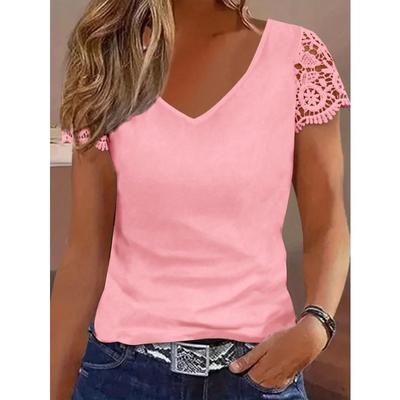 Women's Fashion Casual Summer Spring Solid Color Print Short Sleeve V-Neck Blouses & Shirts