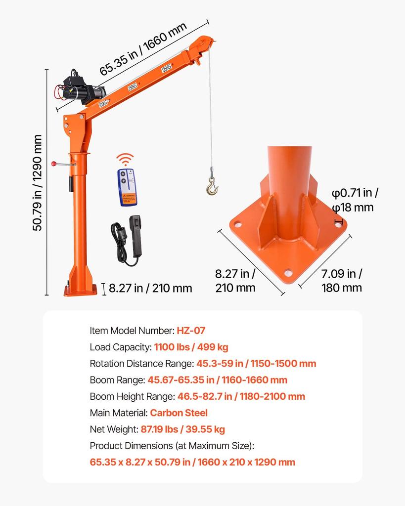VEVOR Electric Truck Crane, 499 kg Pickup Truck Crane with 12V Electric Winch, 360 degrees Rotating Telescopic Boom, Premium Galvanized Steel