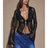Sexy Going Out Tops for Women Long Sleeve Sheer Lace Front Tie Shirts