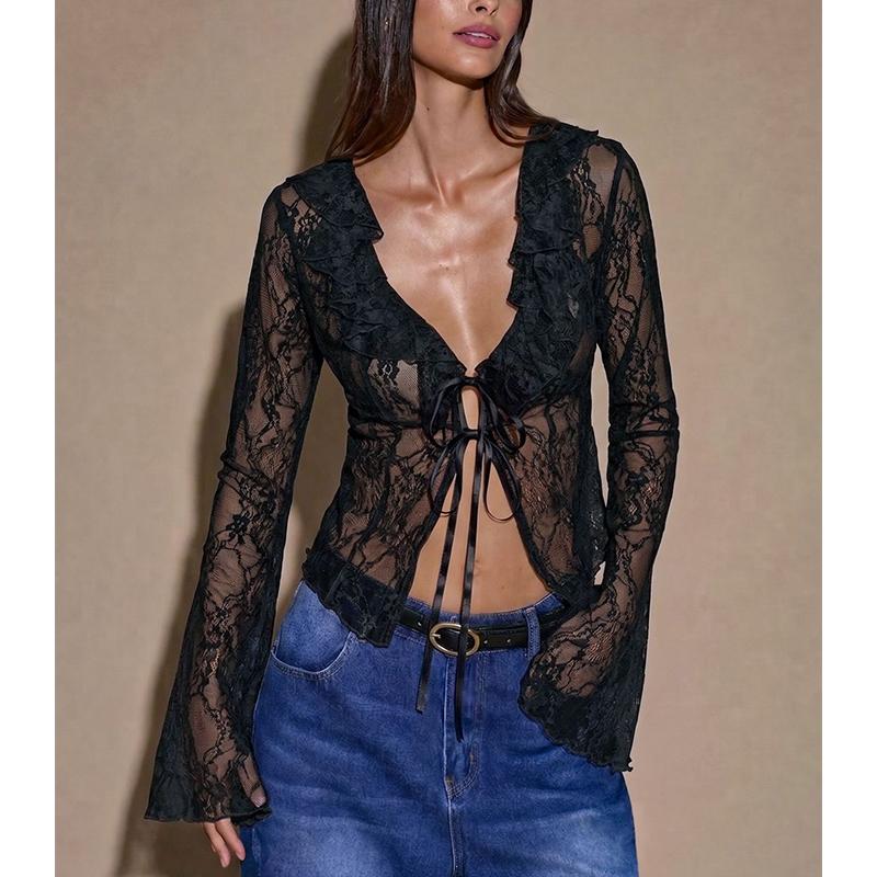 Sexy Going Out Tops for Women Long Sleeve Sheer Lace Front Tie Shirts