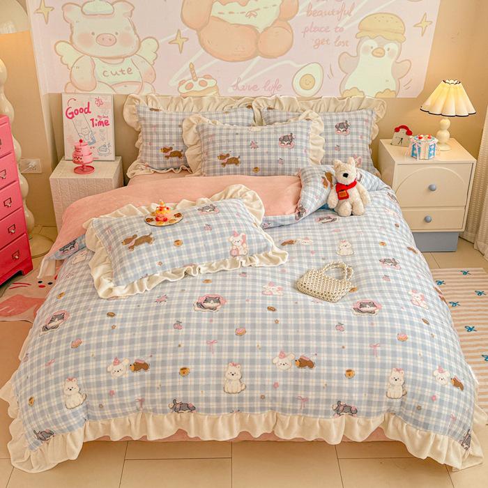 Floral Cartoon Milk Velvet and Lambswool Blanket Set - Thickened, Multifunctional Sofa Cover.