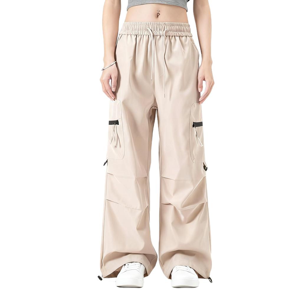 Damen Elastische Hose mit Hohem Bund Lässige Passform Weites Bein Lange Hose Hose mit Taschen