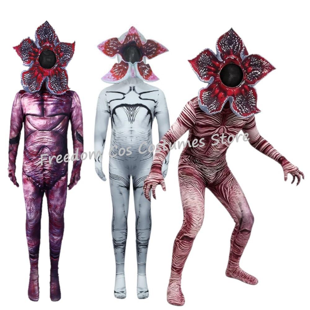 Demogorgonn Cannibal Flower Cosplay Costume Zentai Bodysuit with Petal Mask Men Women Halloween Horror Jumpsuit Party Outfit
