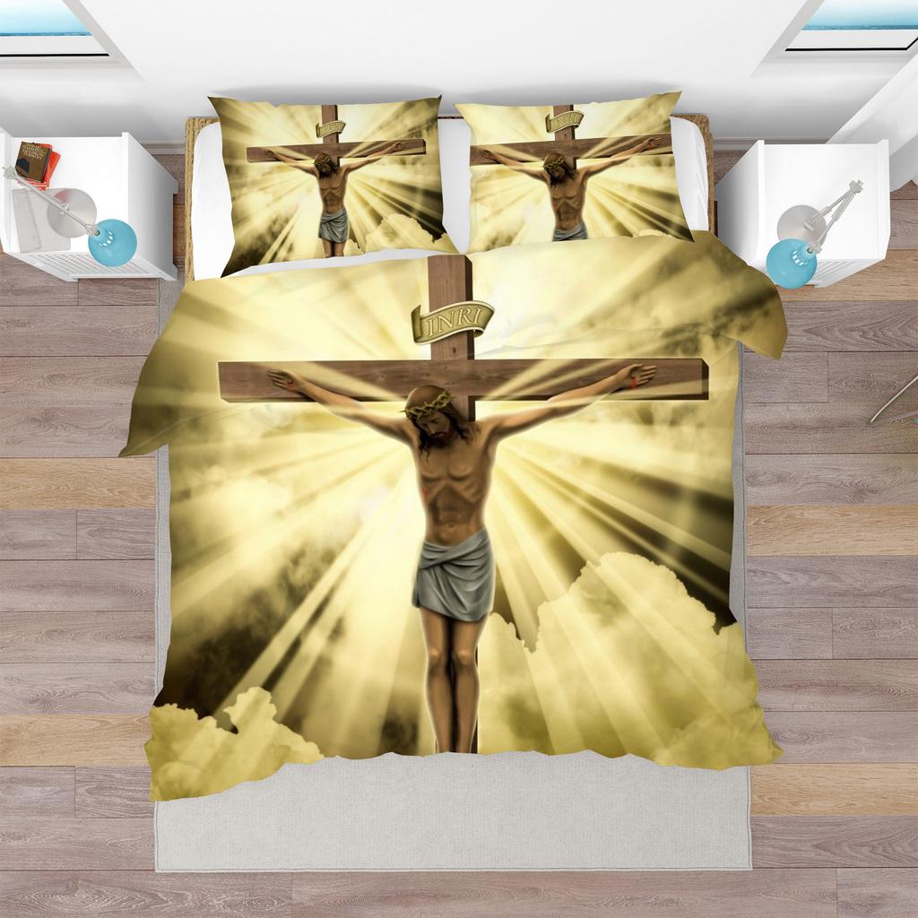 Jesus Christ King Queen Duvet Cover Christianity Bedding Set Western Religion Quilt Cover Blue-green Polyester Comforter Cover
