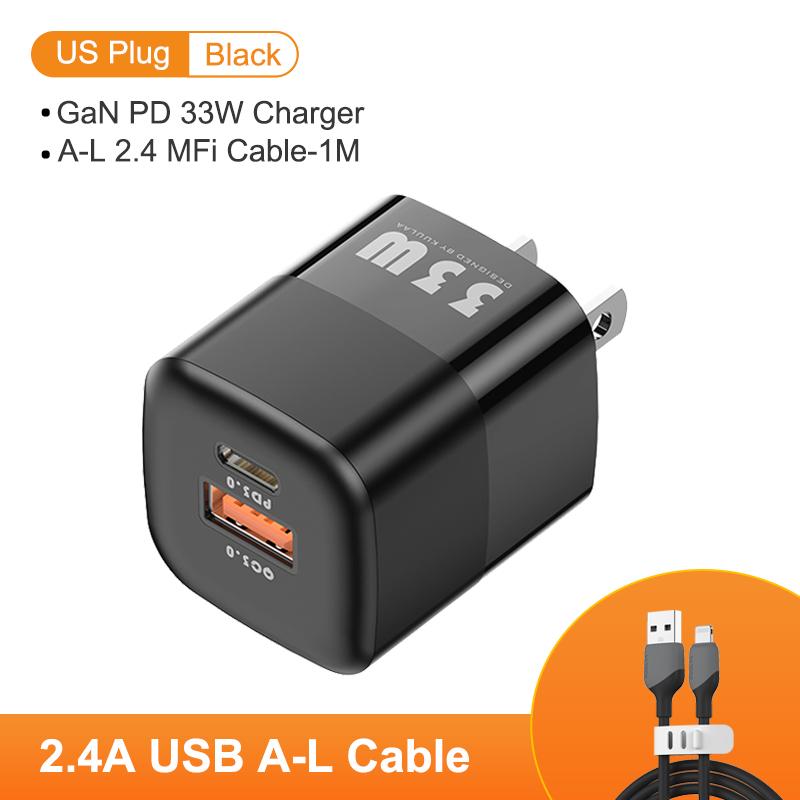 

Зарядное устройство KUULAA USB C 33 Вт GaN Type C PD, быстрая зарядка для iPhone 13 12 11 Max Pro XS 8 Plus для iPad Air 4 iPad 2021 Mini US plug-A-L Cable чёрный