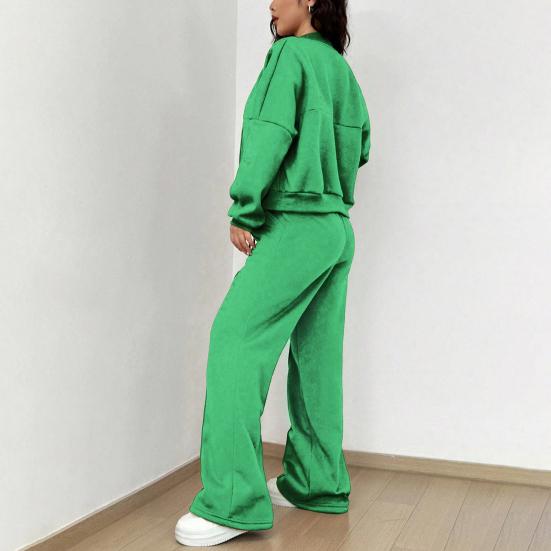 2 Pcs/Set Women Coat Pants Set Stand Collar Long Sleeve Zip-up Elastic Cuff Jacket Drawstring Stretchy High Waist Wide Leg