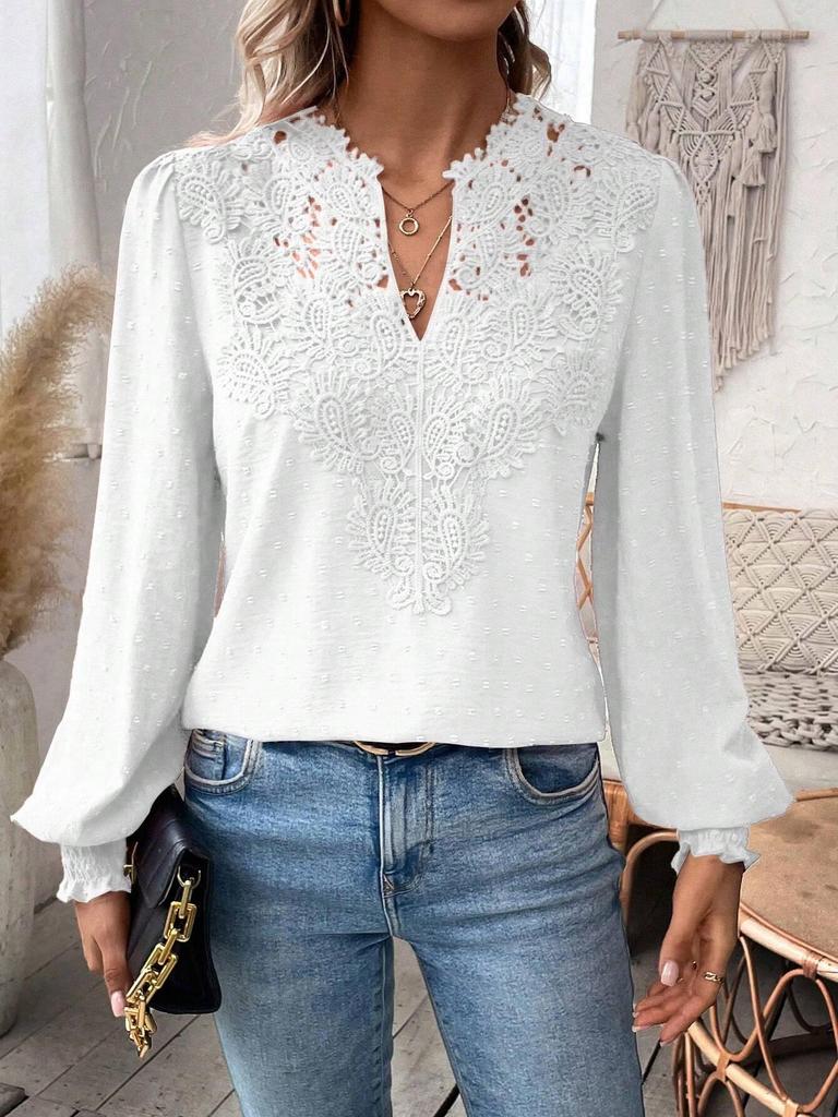 Autumn/Winter V-Neck Lace Long Sleeve Casual Solid Color Women's Top