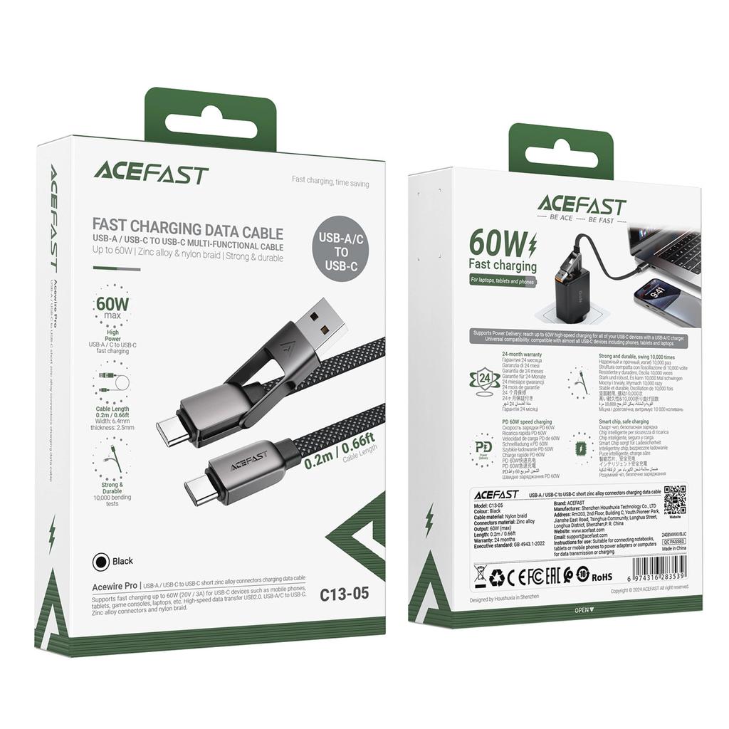 Kabel Acefast C13-05 Usb-C - Usb-A / Usb-C 480Mb/S 3A 0.2M - Czarny