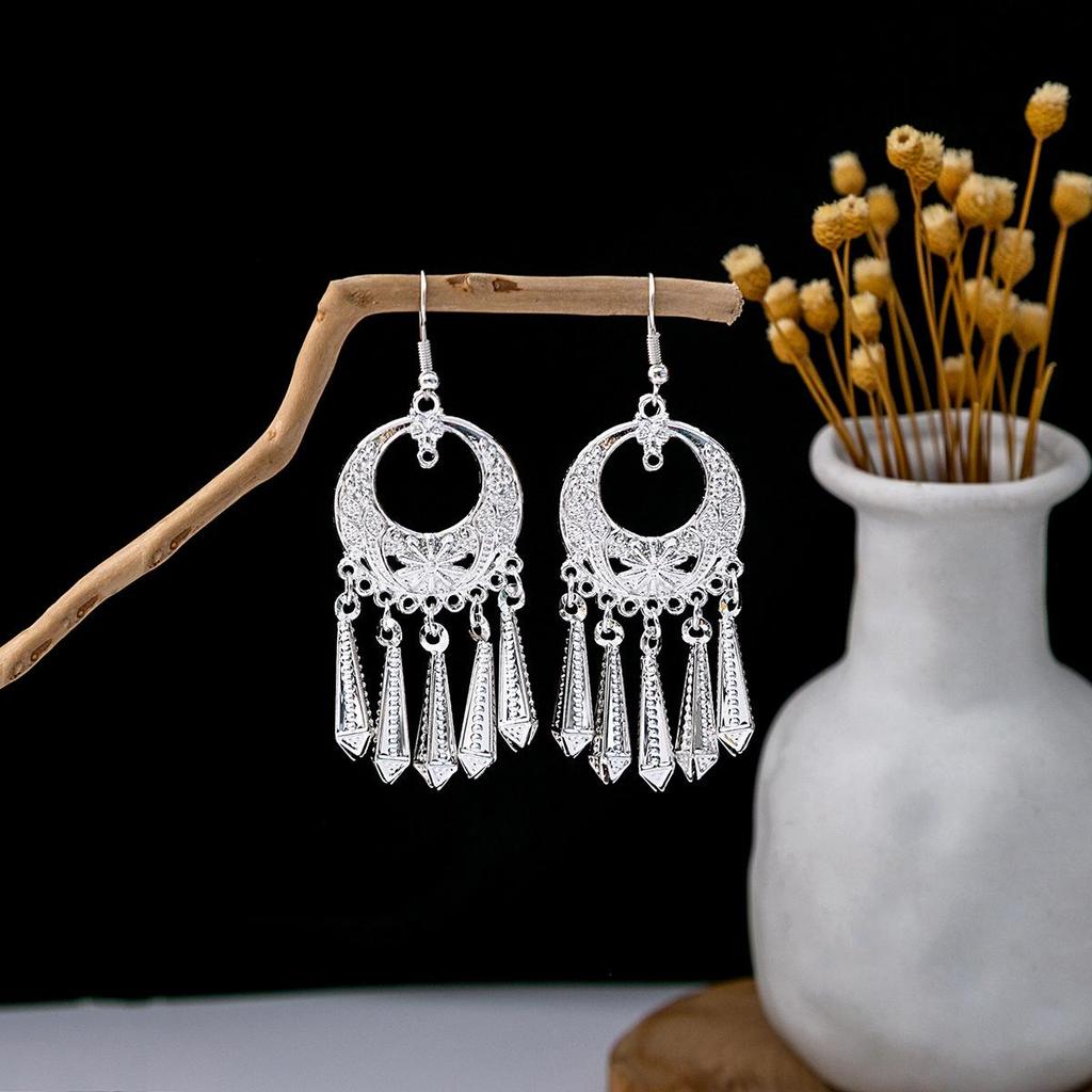 Miao Silver Tassel Dangle Earrings: Ethnic-Style Studs for Women