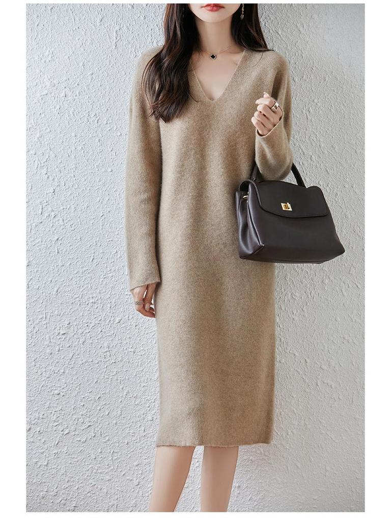 2025 Nowa Koreańska Sukienka Wełniana Dzianinowa o Długości Midi z Dekoltem V na Jesień i Zimę