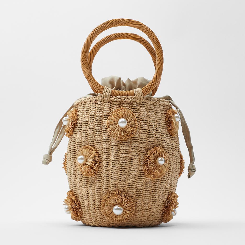 Z New Women's Straw Basket Handbag with Flower & Artificial Pearl Decoration