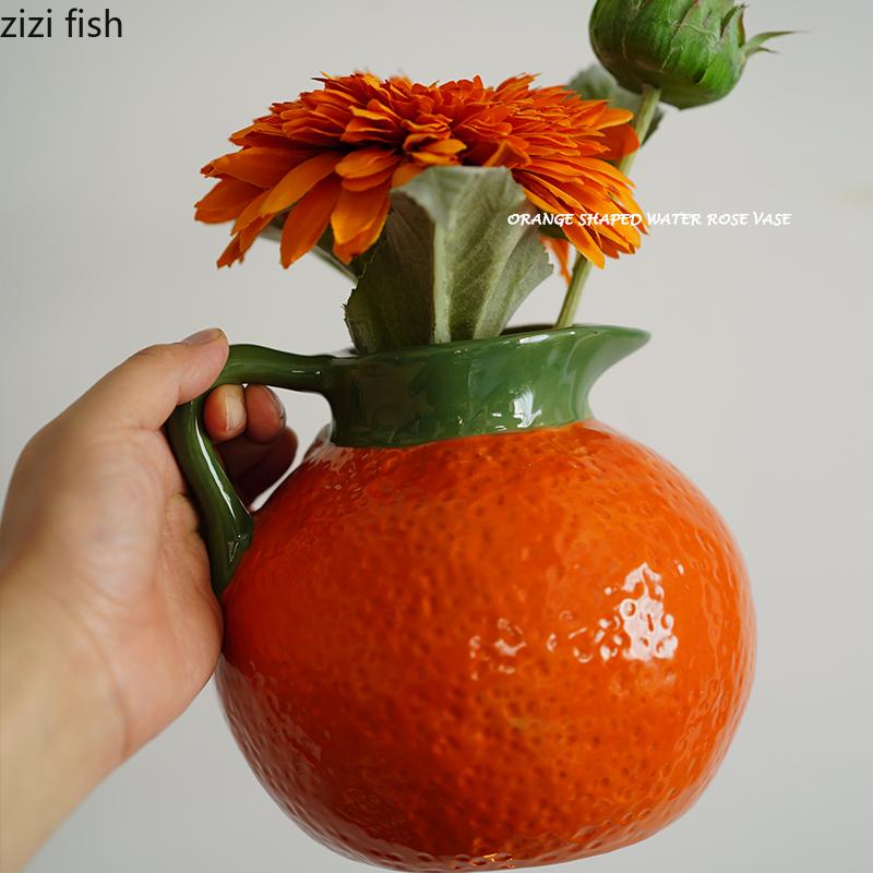 Hand Drawn Fruit Shaped Ceramic Vase Orange Flower Vessel Home Decoration Flower Arrangement Hydroponic Vase Dried Flower Vases