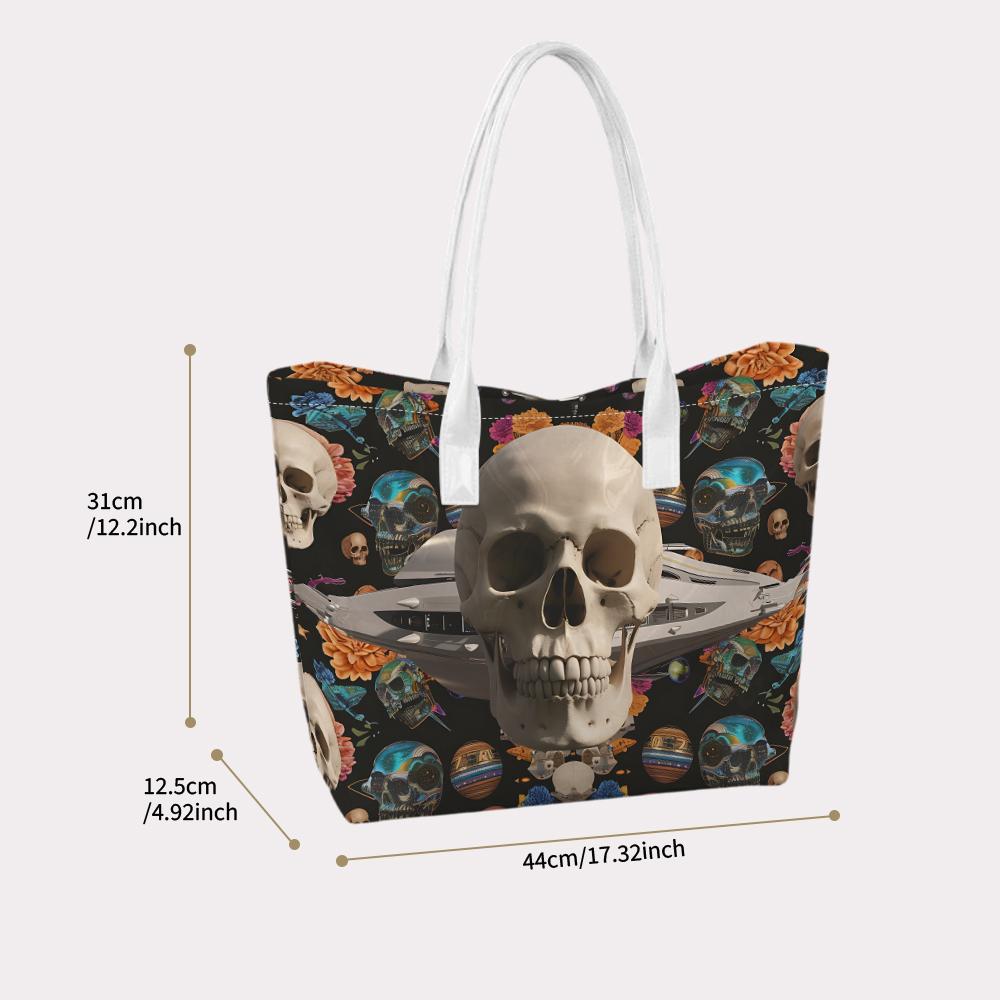 Skull Print Daily Tote Bag Fashion Casual Portable Large Capacity Shoulder Bag for Outdoor Travel Shopping