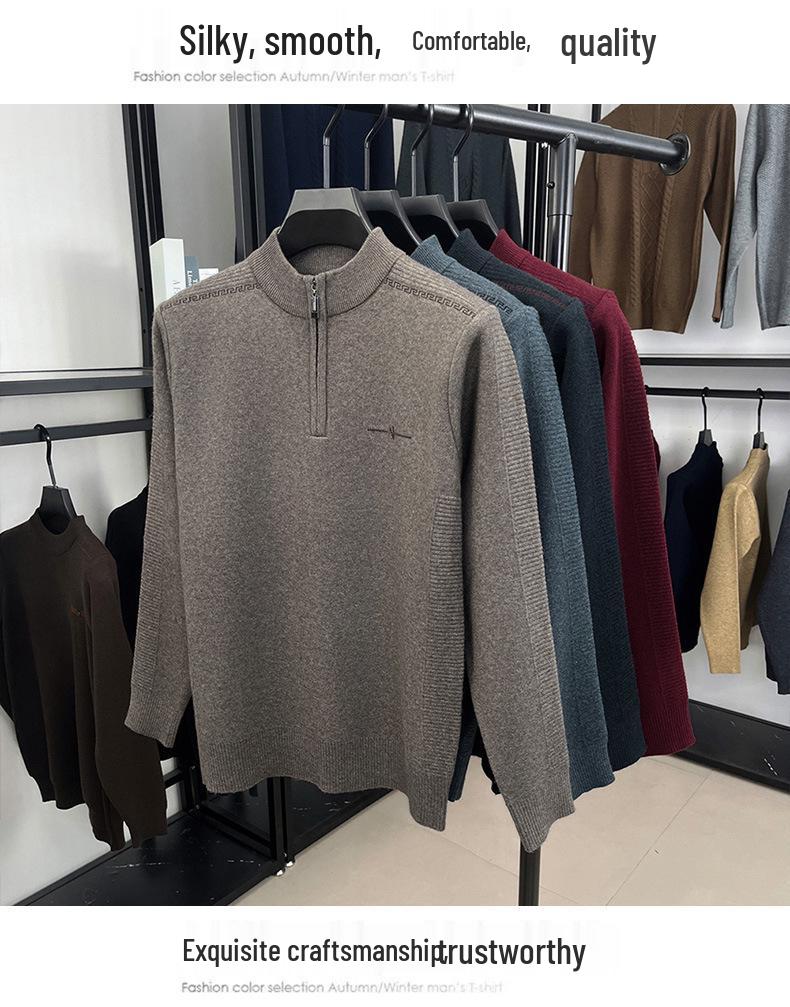 Men's Autumn/Winter Embroidered Knit Sweater: Zipper Stand Collar, Middle-aged Style, Fashionable & Thick, Versatile Warmth