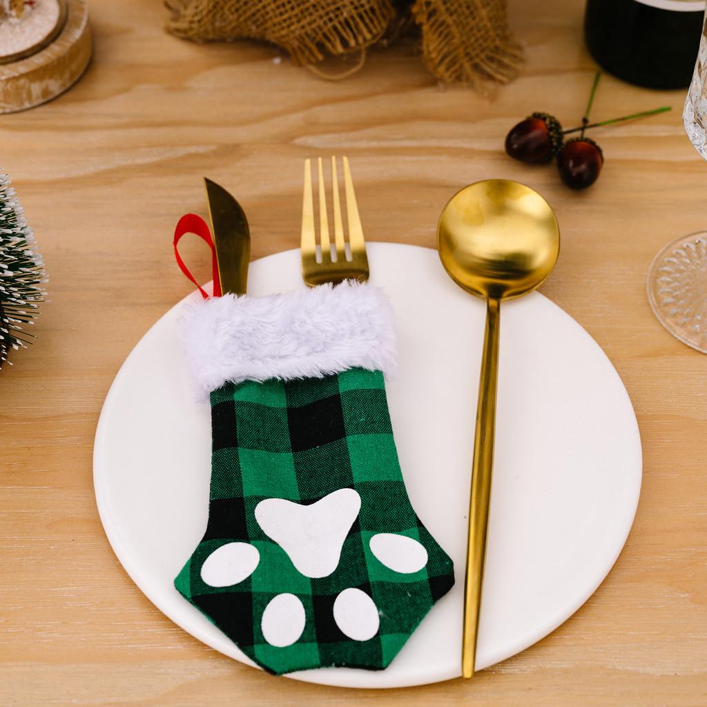 Adorable Christmas Plush Border Plaid Cat Paw Print Fork And Knife Set Table Decor