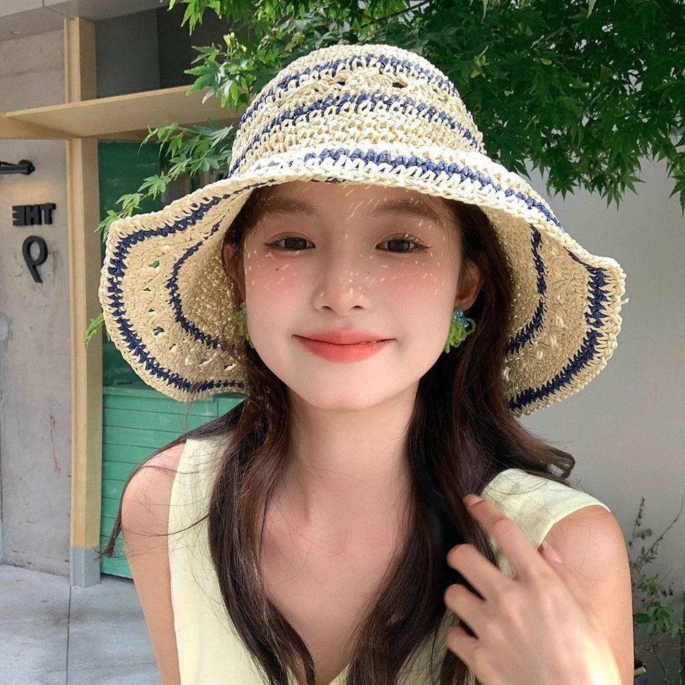 Handmade Weave Crochet Hat Summer Fisherman Caps Ins Straw Bucket Cap  Travel
