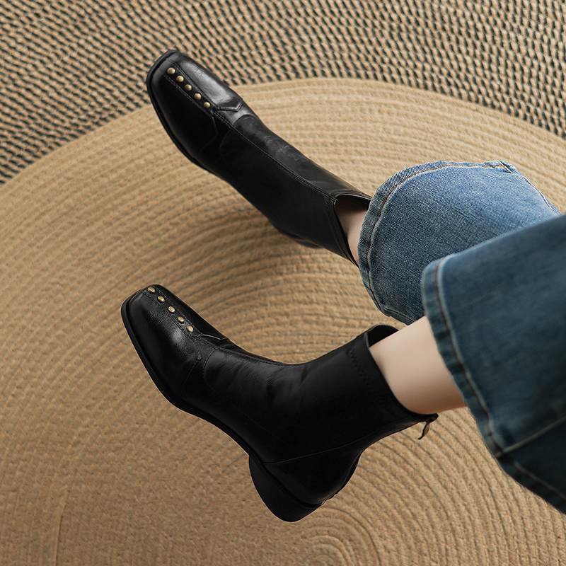 Krazing Pot Microfiber Winter Square Toe Modern Size 33 Boots Size 43 Metal Rivets Med Heels Zipper Women Ankle Boots