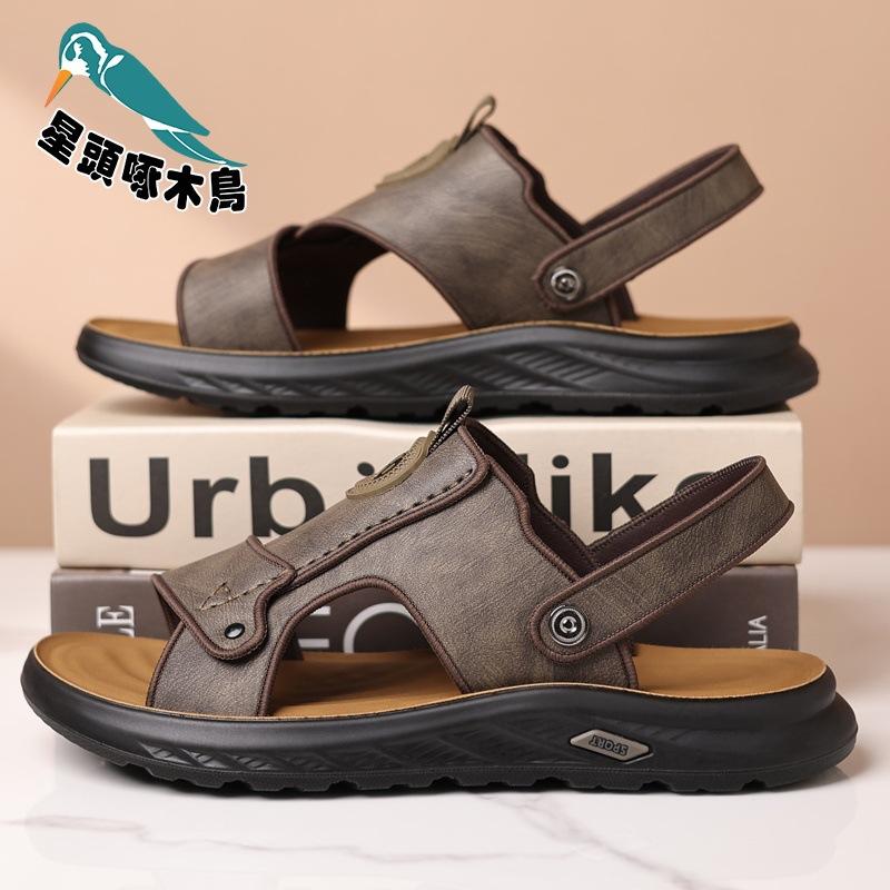 

Star-headed Woodpecker Men s Sandals 2025 Summer Leather Men s Shoes Soft Sole Comfortable Casual Drag Sandals 44