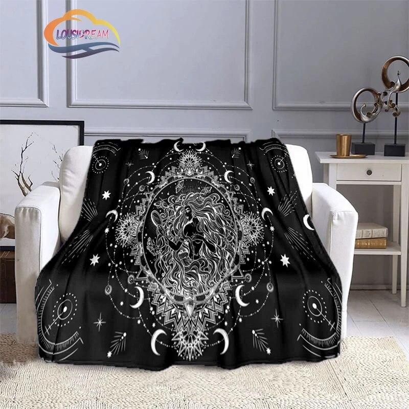 Pentacle & Moon flanellfilt, Skull Witchy Wicca Pagan Black and White Mystical Gothic Solfilt