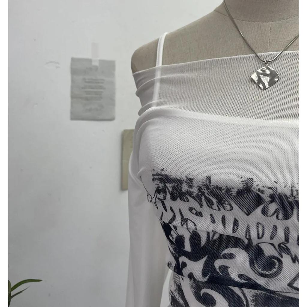 2KWEIRD Women Retro Y2K Hot Girl One Shoulder Mesh Sunscreen Cover Up Camisole Long Sleeve T-Shirt Two-piece Tops Suit Daily Outfit