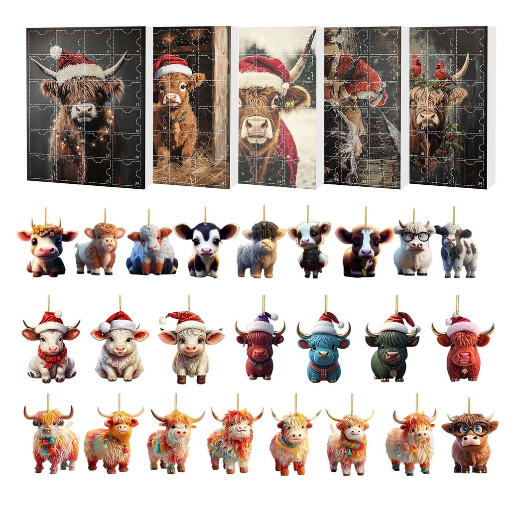 Highland Cow Christmas Countdown Calendar Highland Cow Figure Ornaments 24pcs 2D Flat Xmas Tree Highland Cow Pendant 2025