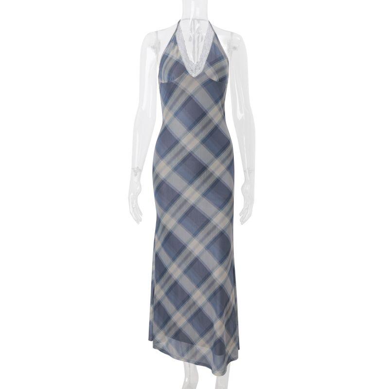 

European and American Retro Plaid Lace V-neck Hanging Neck Dress Women Sexy Slim fit Backless Sheath Temperament Long dress Blue L