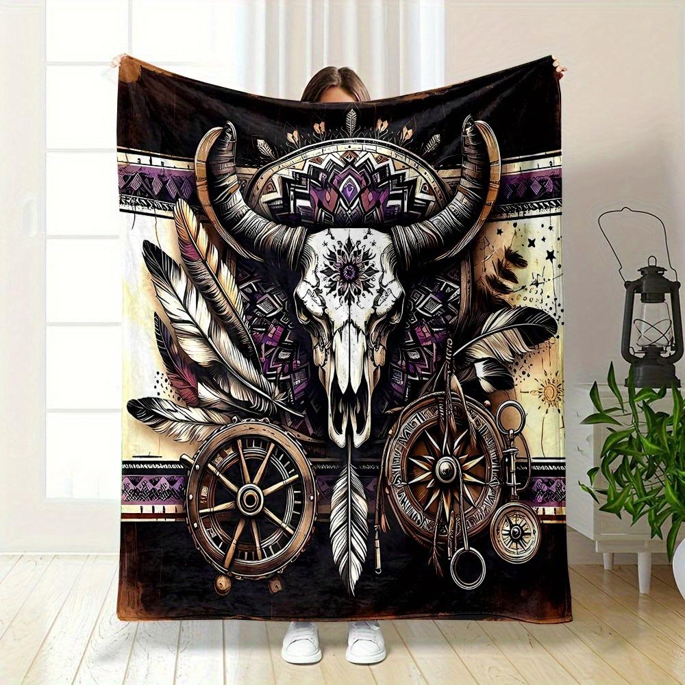 

Tribal Headdress Cow Skull Print Blanket Reversible Southwestern Style for Office Comfort and Authentic Gift Giving 75x100cm