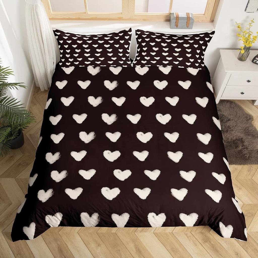 Colorful Love Heart Comforter Cover Queen Pink Black Bedding Set Romantic Duvet Cover Valentine's Day Quilt Cover with Zipper