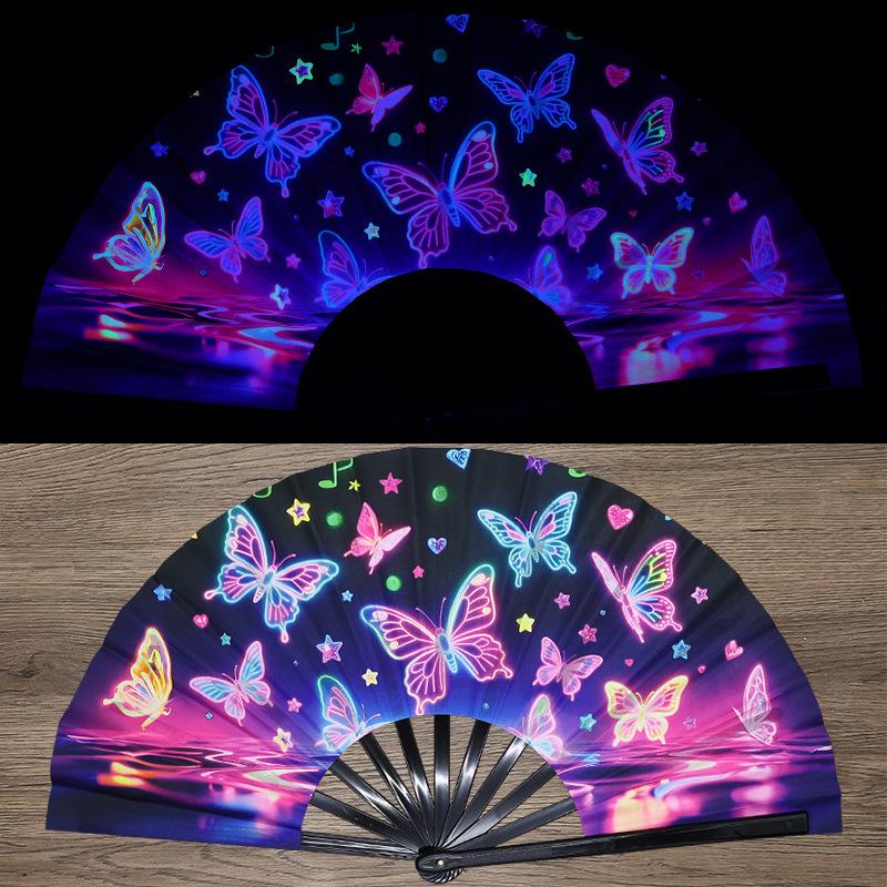 Kung Fu Fan Uv Ink Printing Fluorescent Fan Bamboo Bone Folding Fan For Festival Foldable Fan Music Festival Fan